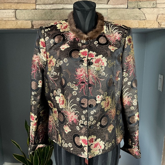 Y2K Brocade Mink Collar Holiday Party Asian Floral Black Brown 12 Doncaster - Picture 2 of 9